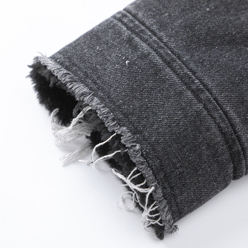 Washing Gradient Frayed Hem Denim Jacket Thickening