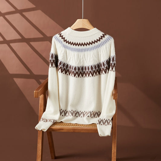 Blue And White Porcelain Contrasting Color Jacquard Cashmere Sweater