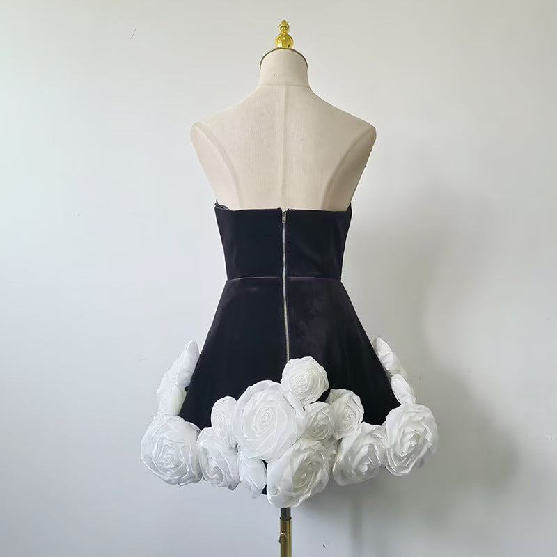 Womens Strapless High-Waisted Dress With 3D Floral Hem