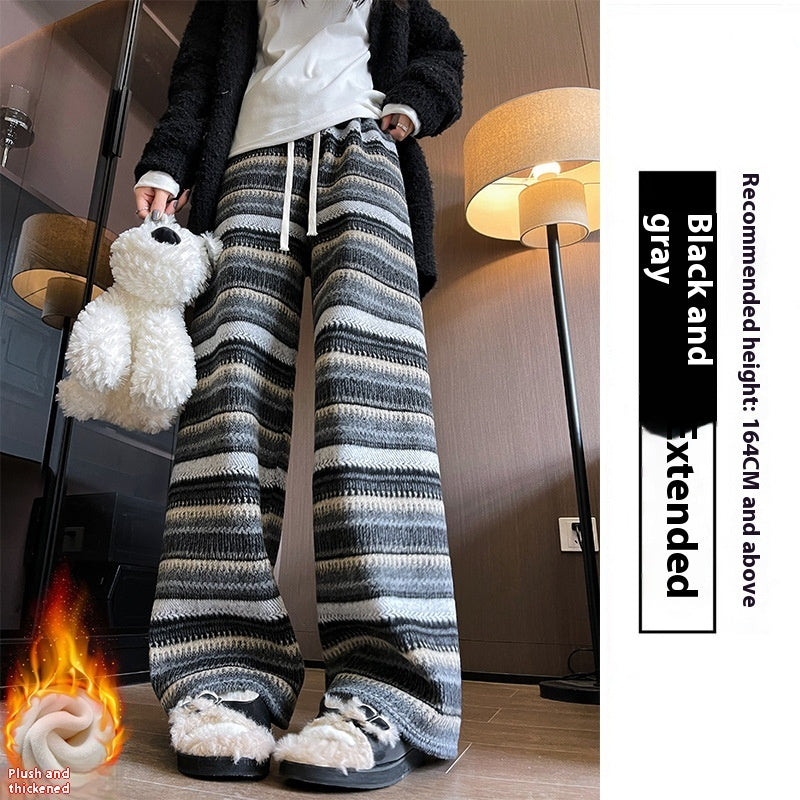 Woolen Striped Women's Wide-leg Pants Fallwinter Comfortable Retro