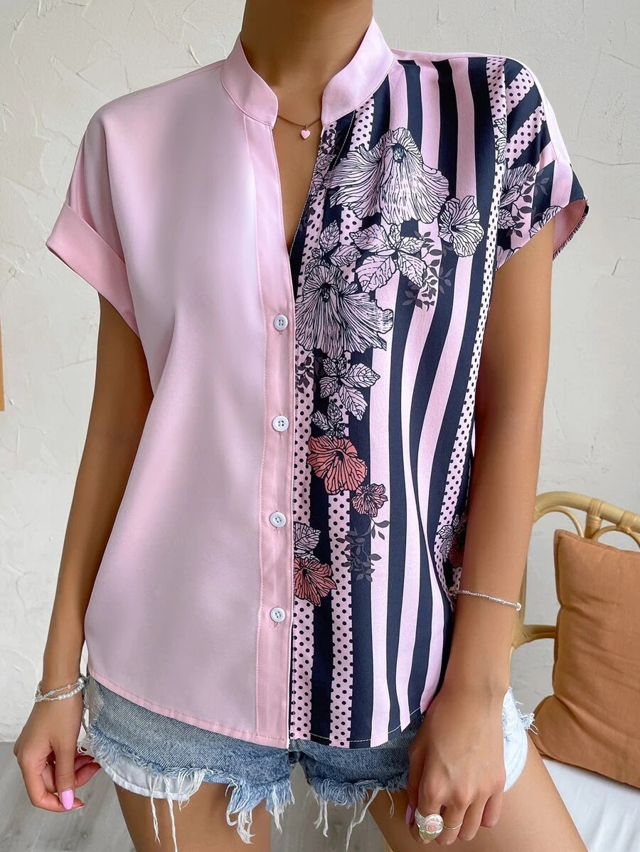 Double Contrast Color Floral Button Cardigan Short Sleeve Shirt