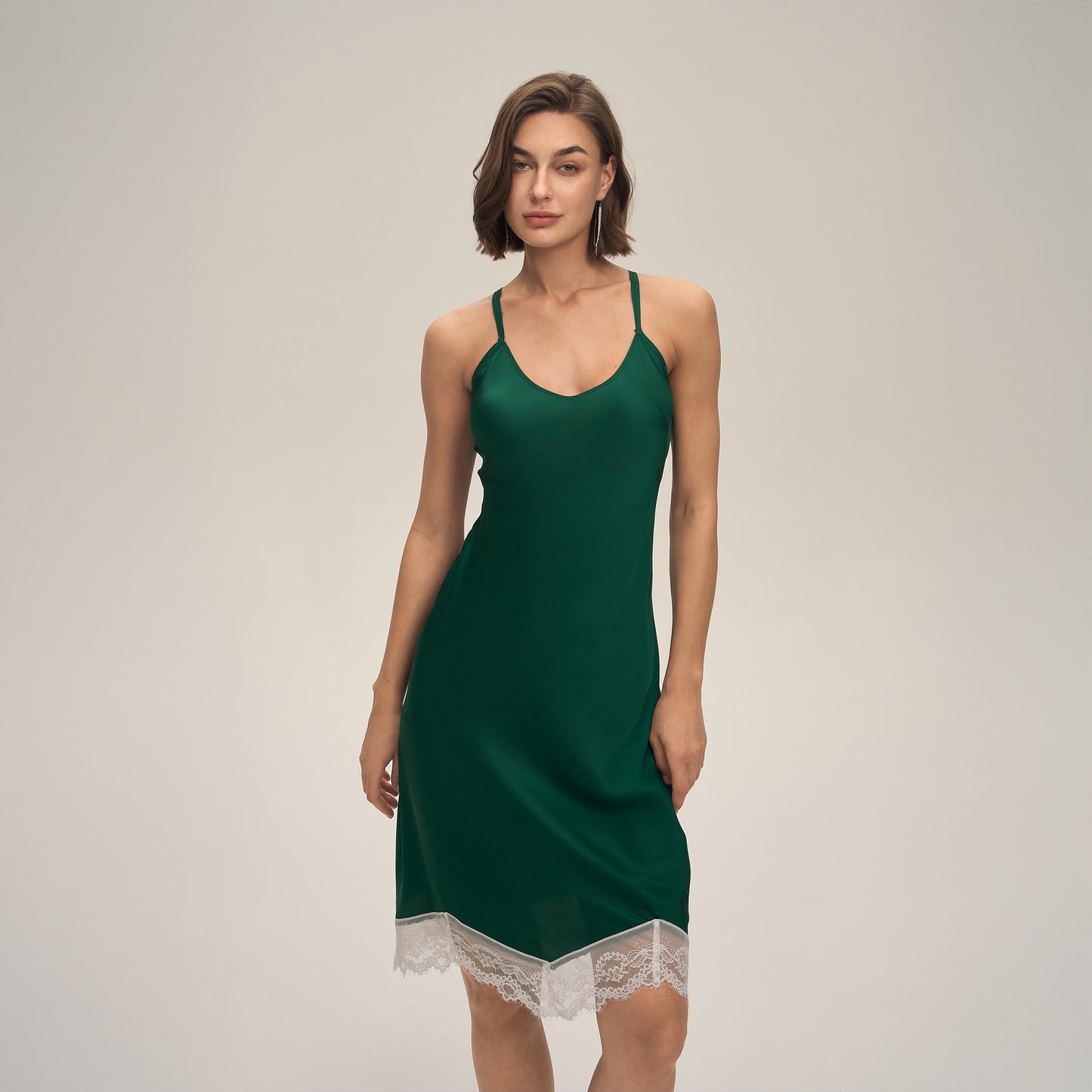 Solid-color Satin Patchwork Lace Backless Camisole Pajamas