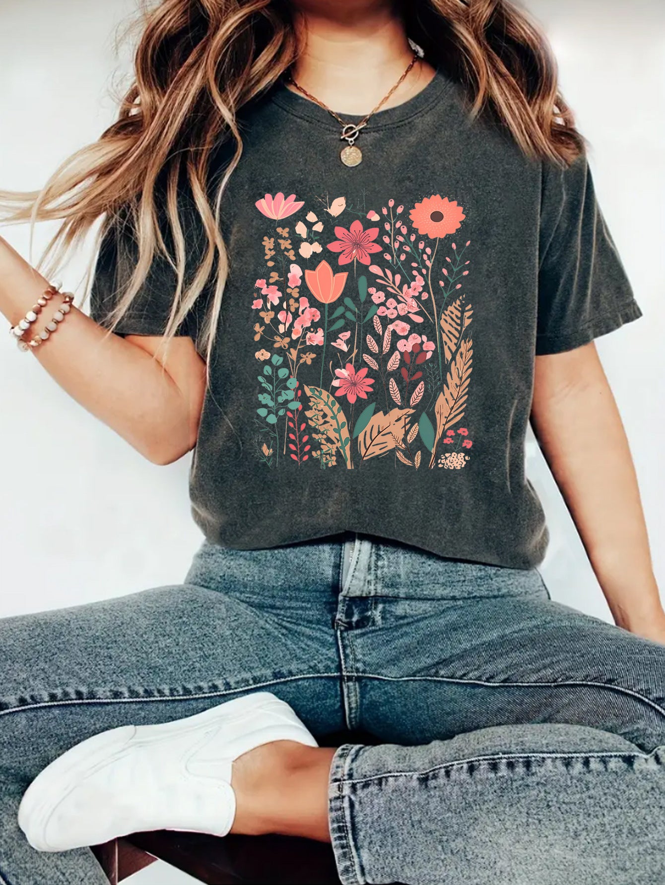 European And American Summer Women's Plant Flower Graphic Print Crew Neck Short Sleeve