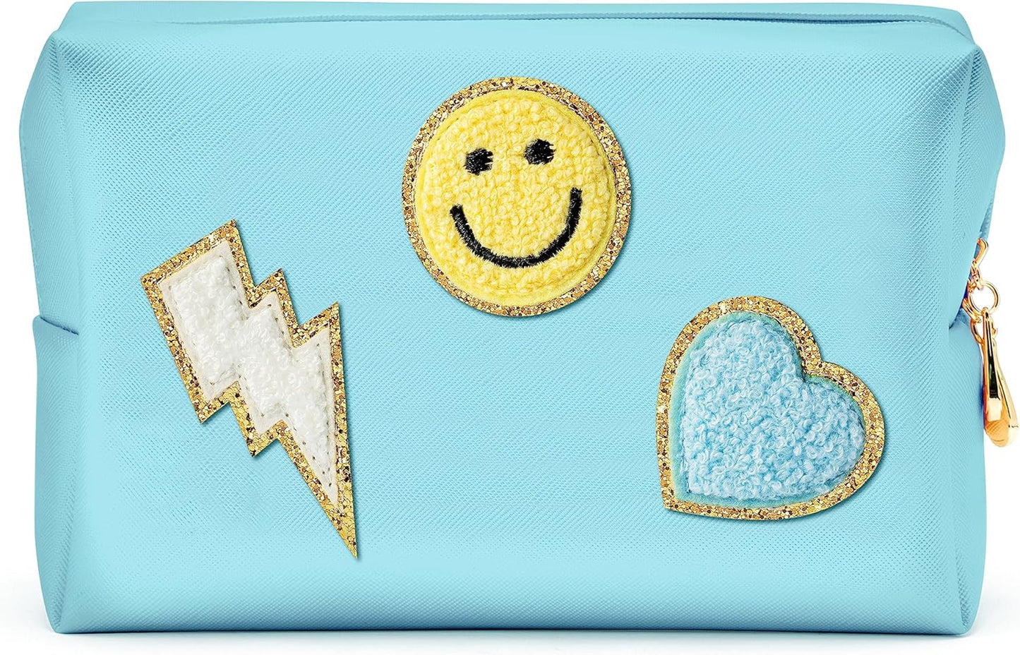 Preppy Patch Small Toiletry Bag Smile Lightning Heart PU Leather Portable Waterproof Makeup Cosmetic Bag Daily Use Storage Purse Travel Organizer Compliant Bag for Women Girls Gift (Pink)