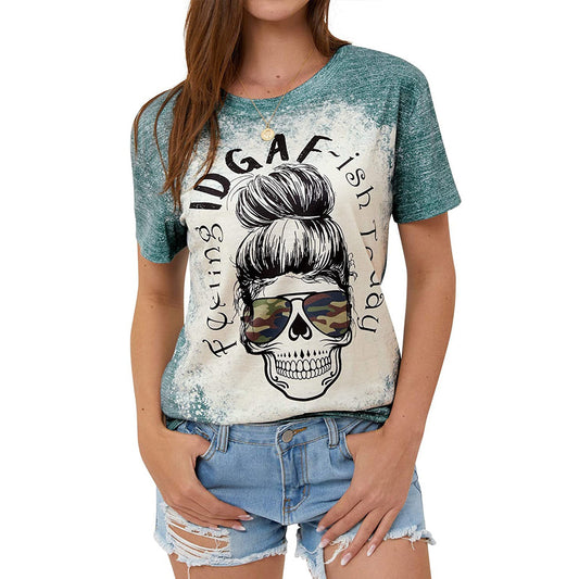 Skull Print Crew Neck Short Sleeve Blouse