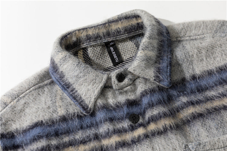 Contrasting Color Brushed Thickened Long-sleeved Plaid Shirt Men's Models