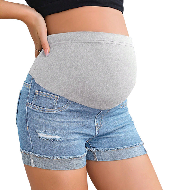 Simple High-Waisted Belly-Support Maternity Denim Shorts