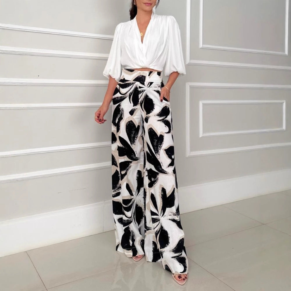 Socialite Womens Three-quarter-sleeve Fashionable Casual Wide-leg Pants Set