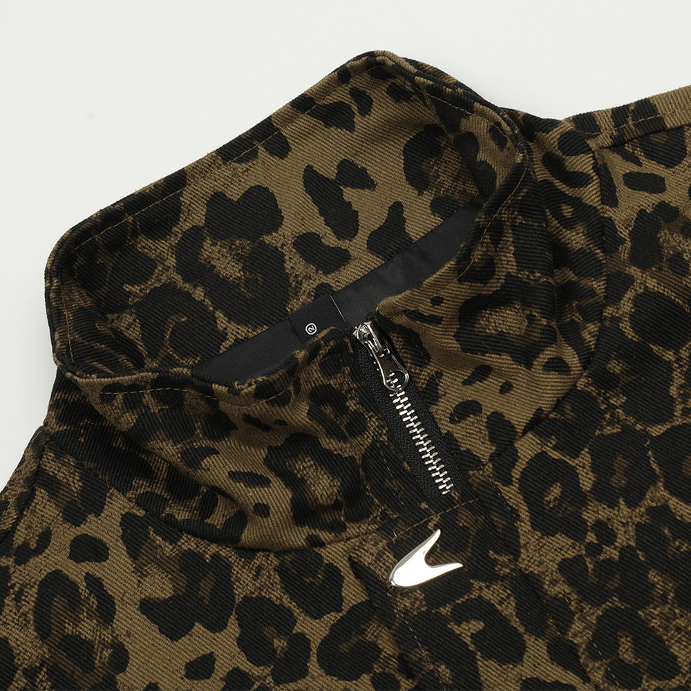 Men's Loose Casual Stand Collar Leopard Print Denim Jacket