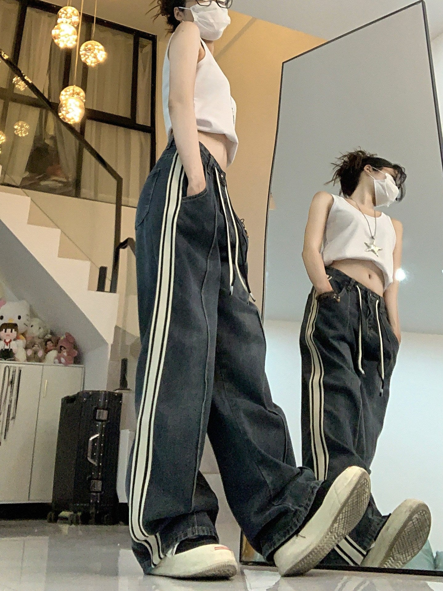 Drawstring Jeans High Waist Loose And Slimming Wide Leg Straight Pants