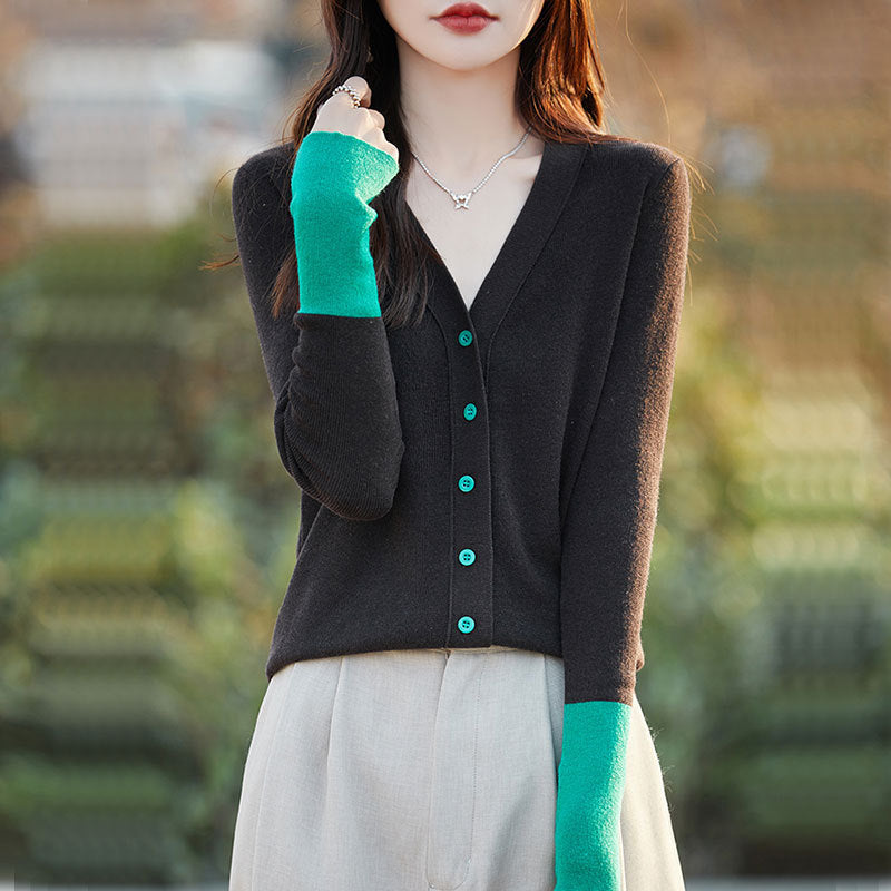 V-neck Color Stitching Knitted Cardigan Coat Loose Thin Slimming Women's Sweater