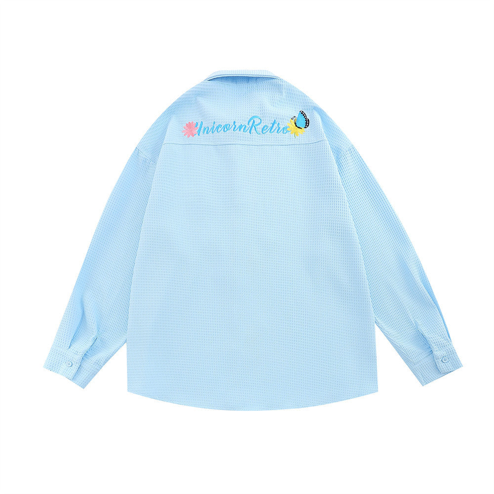 Simple Flower Embroidered Long-sleeved Men's Trendy Fashion Cardigan Casual Loose Waffle Lapel Shirt