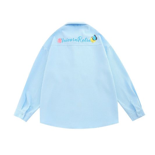 Simple Flower Embroidered Long-sleeved Men's Trendy Fashion Cardigan Casual Loose Waffle Lapel Shirt