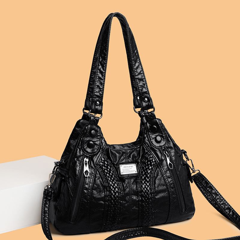 Real Washed Leather Woven Locomotive Commuter Large Capacity Soft Leather Portable Shoulder Bag For Women