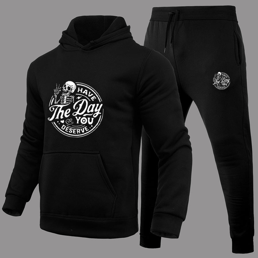 Black Polyester Casual Hooded Sweater Set