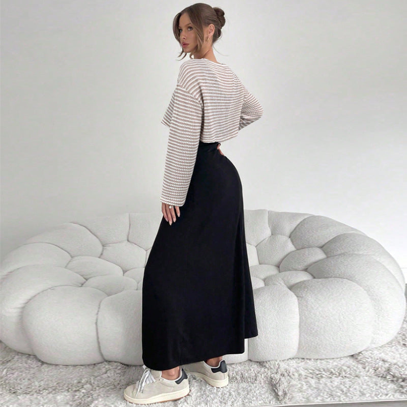 American Style Striped Long Sleeve T-shirt And Suspender Dress Set