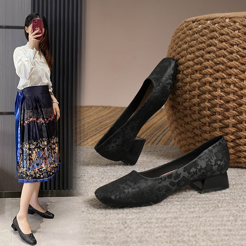 Retro Commuter Soft Leather Square Head Mid-high Heels