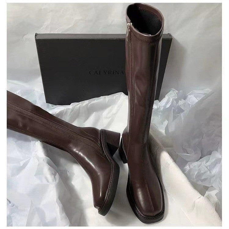 Chunky-Heeled Fashionable Square-Toe Over-the-Knee Boots