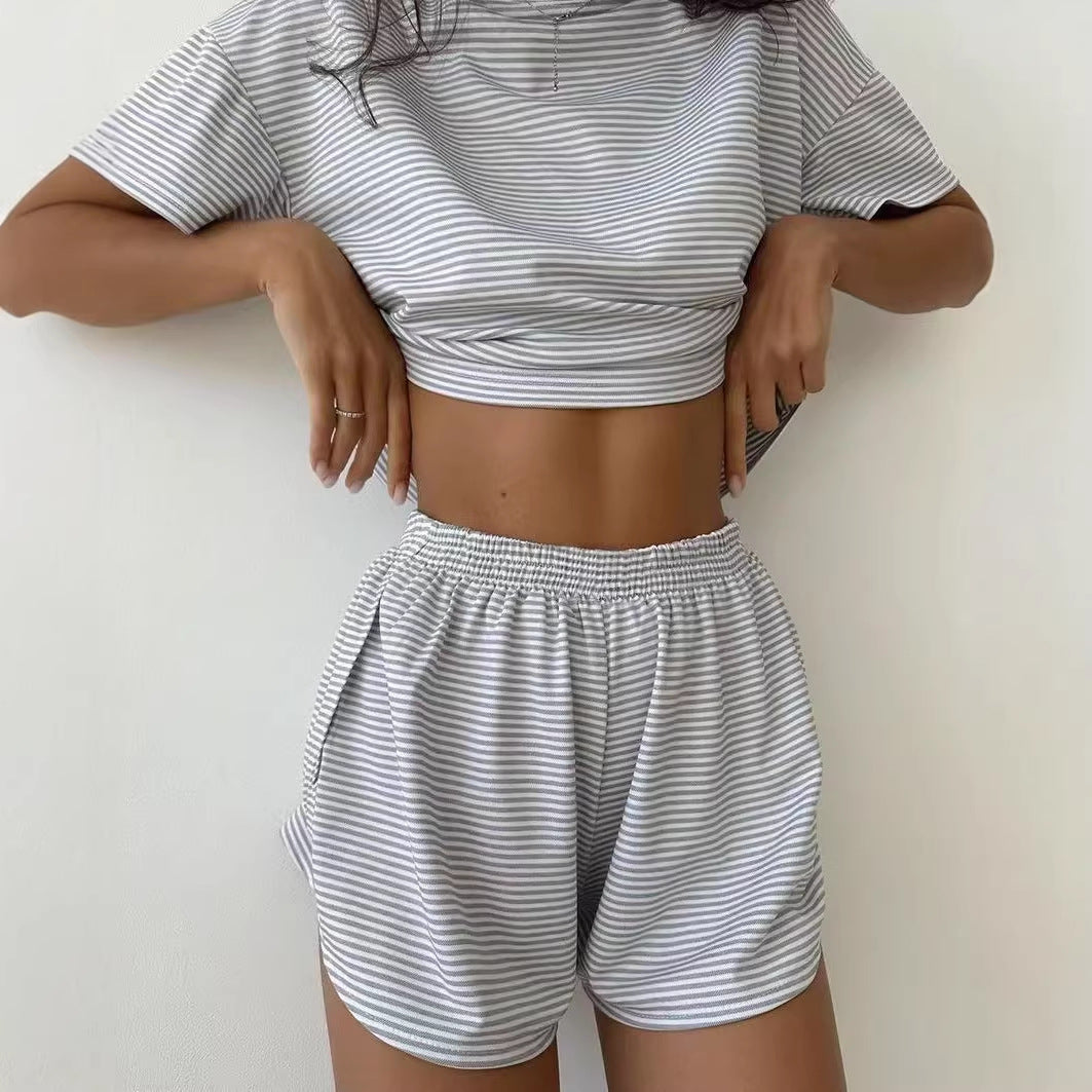 Women's Casual Crew-Neck Short-Sleeve Top And Shorts Set