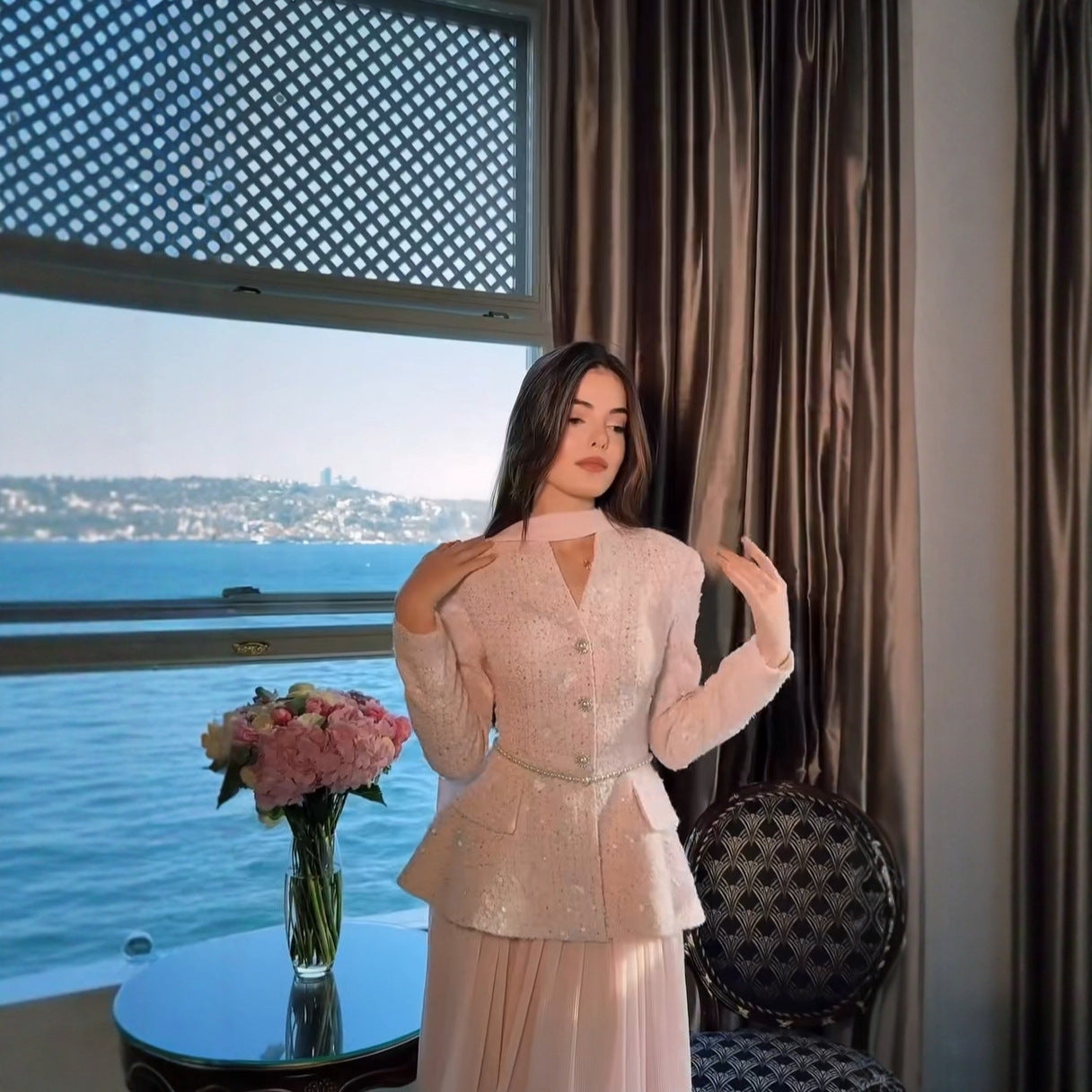 Chanel-style Pearl And Butterfly Jacket With Pleated Skirt Set