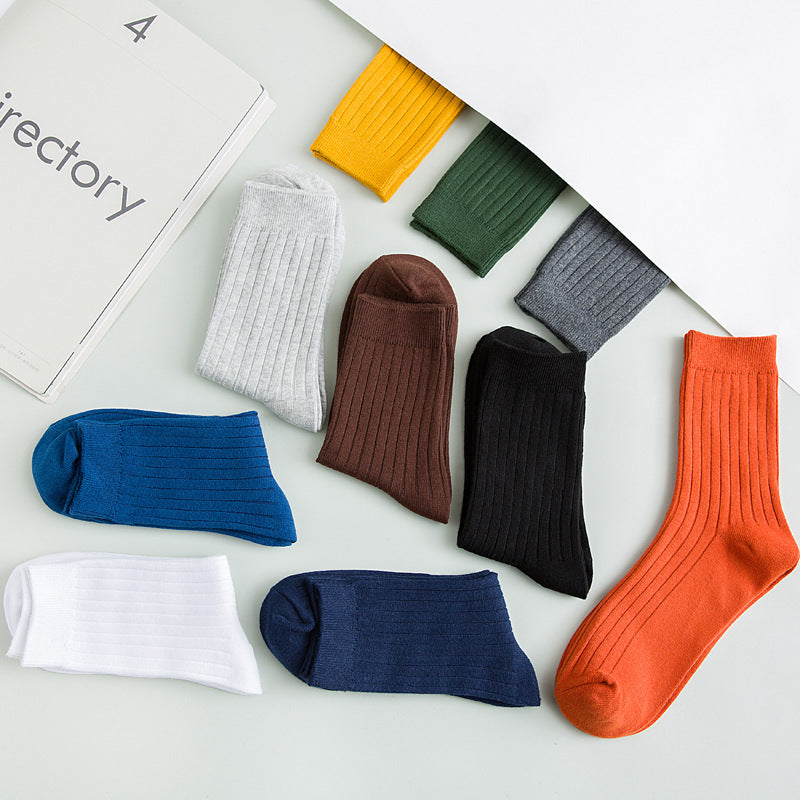 Men's Cotton Socks Solid Color Vertical Stripes Middle Tube