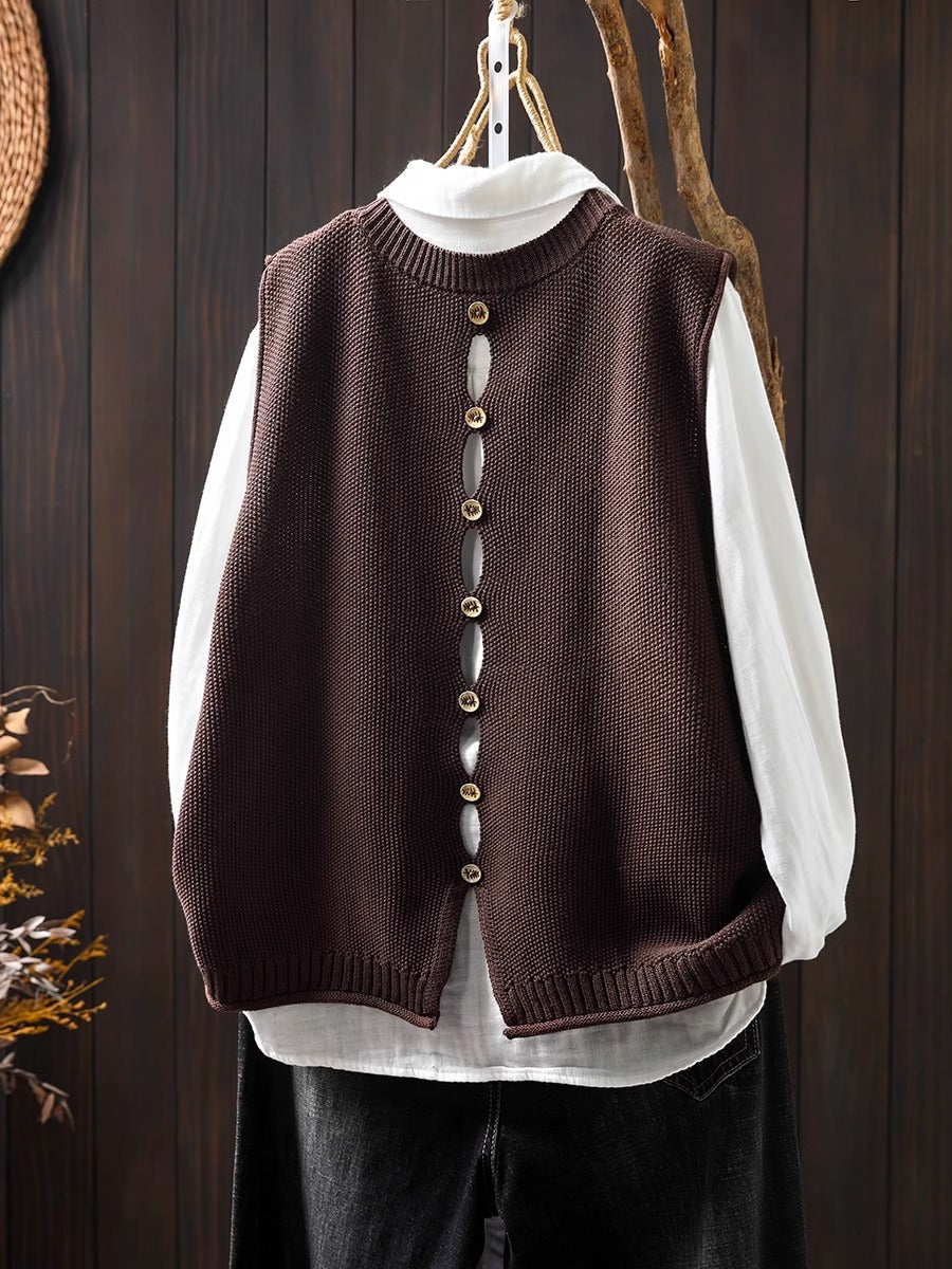 Back Buttoned Cotton Thread Knitted Vest Women