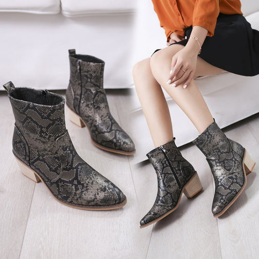 Snake Print Square Toe Thick Heel Sexy Short Boots With Side Zipper
