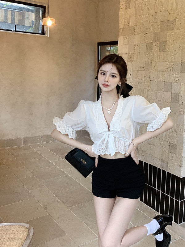 Women's French V Neck Ruffle Short Sleeve Shirt