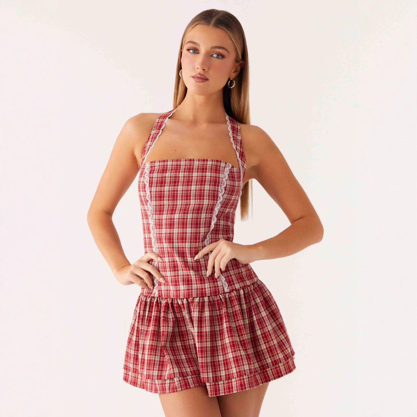 Neck-hanging Ruffled Cake-style Mini Dress With A Lace-trimmed Plaid Design