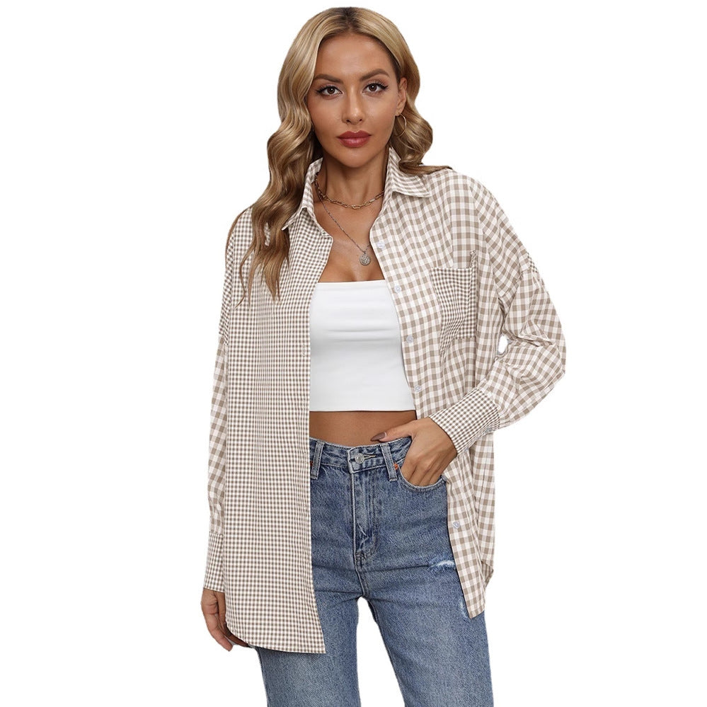 Lapel Plaid Colorblock Loose Casual Shirt
