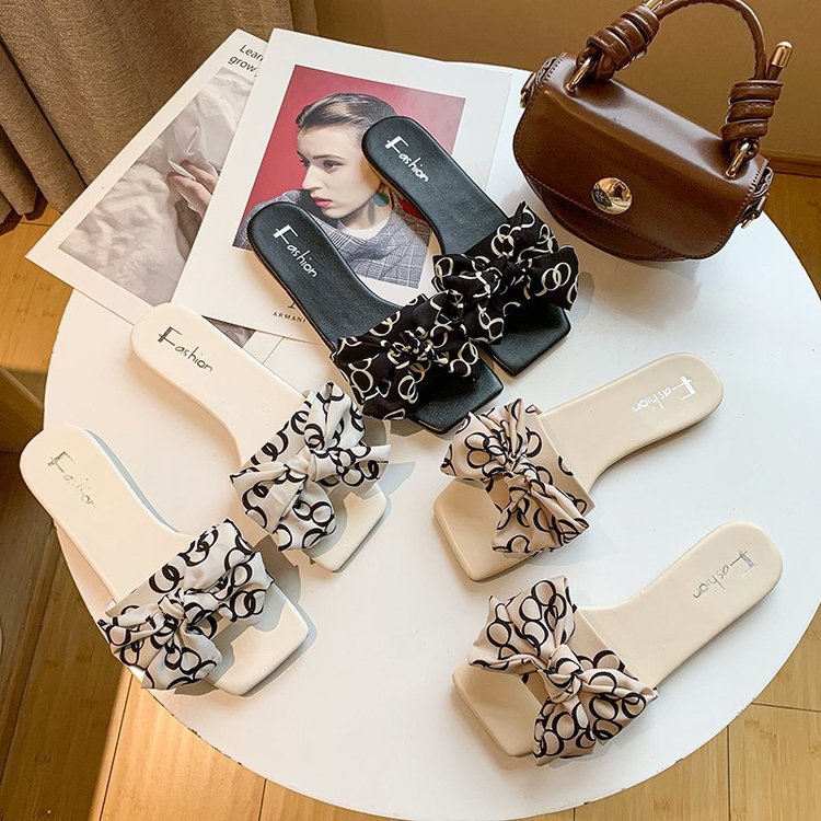 Women's Bowknot Square Head Flat Non-slip Slippers