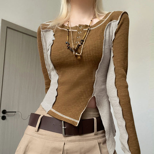 Long Sleeves With Irregular Split Stitching And Contrasting Colors
