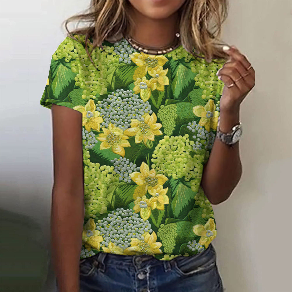 Floral Print Women's T-shirt Short Sleeve Casual Round Neck T-shirt Summer Ladies