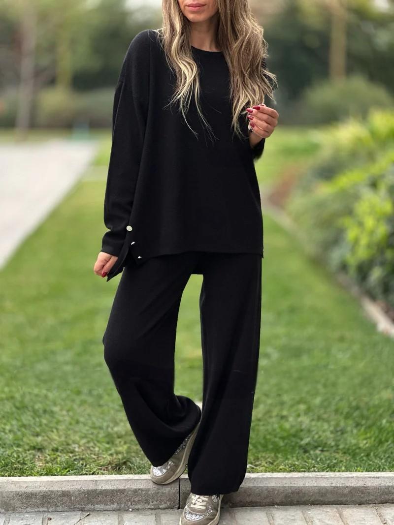 Solid Color Split Casual Wide-leg Pants Round Neck Long Sleeve