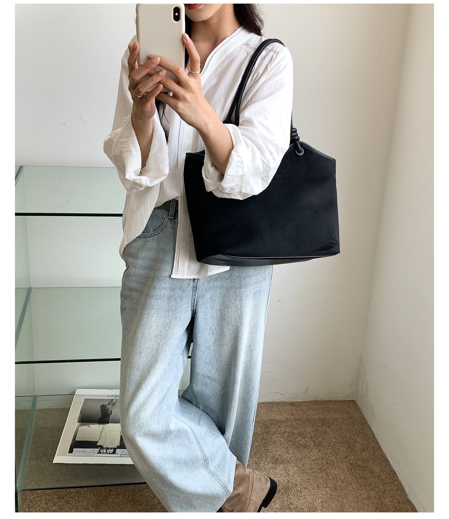 Retro Western-style Solid-color Suede-velvet Shoulder And Tote Bag For Women
