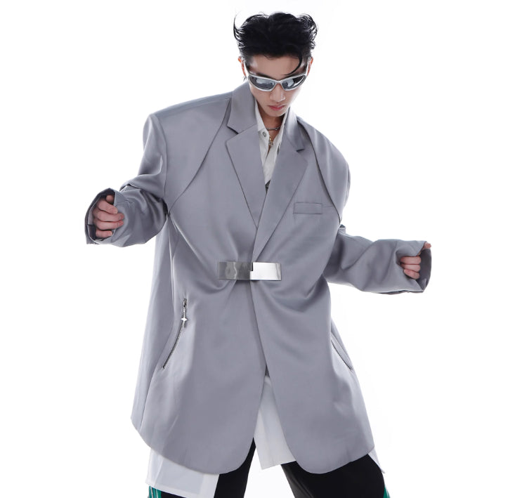 Design Sense Padded Shoulder Suit Jacket Zipper Stitching Ice Silk Fabric Suit