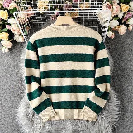 Dame Stribet Sort og Hvid Strikket Cardigan Løs og Behagelig Stil Høj Kvalitet Ydertøj Tyk Sweater