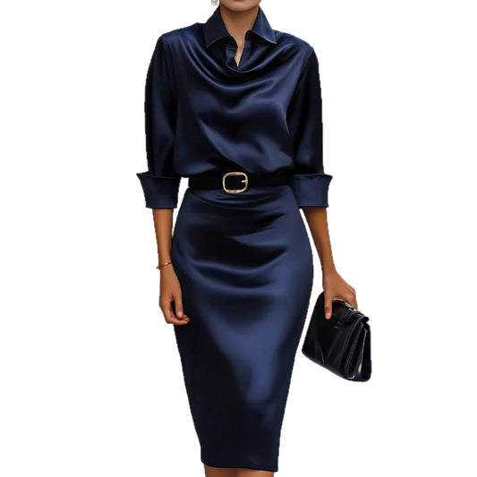 Elegant Slim-fit Half-sleeve Dress With A Lapel Collar
