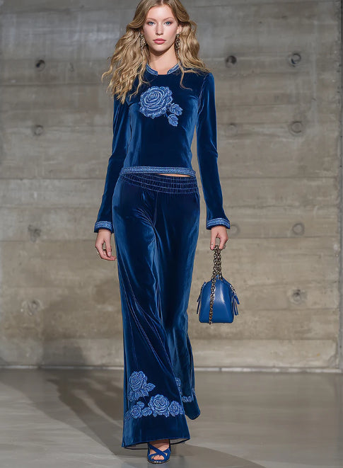 Classic Blue Round Neck Rose Embroidered Top And Flared Pants Set