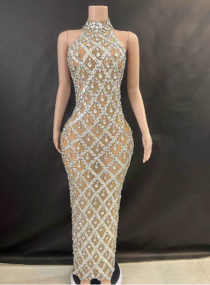 Shimmering Rhinestone High-neck Sleeveless Sexy Mesh Sheer Plaid Evening Gown