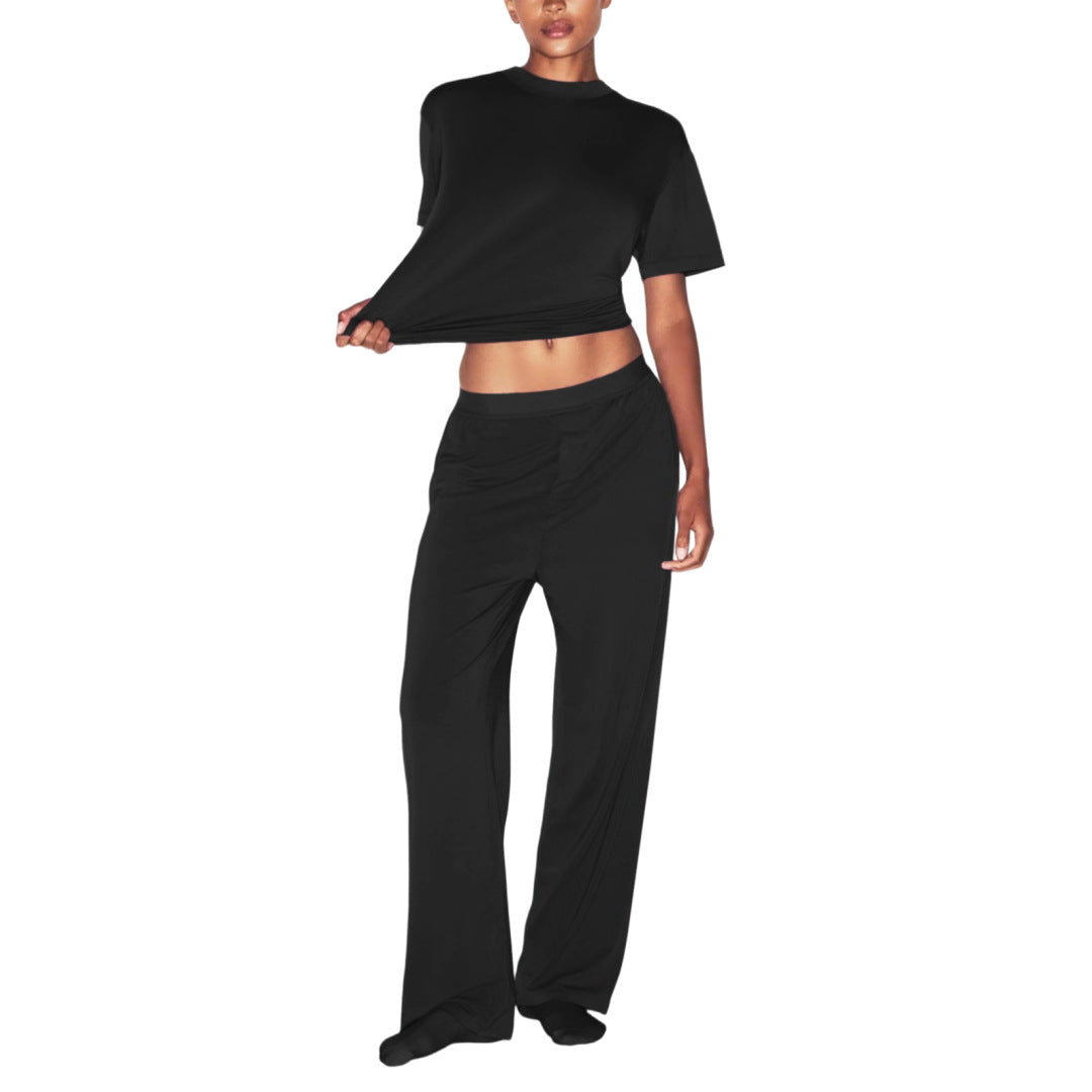 Womens Casual Loose Short-Sleeve Top And Wide-Leg Pants Set