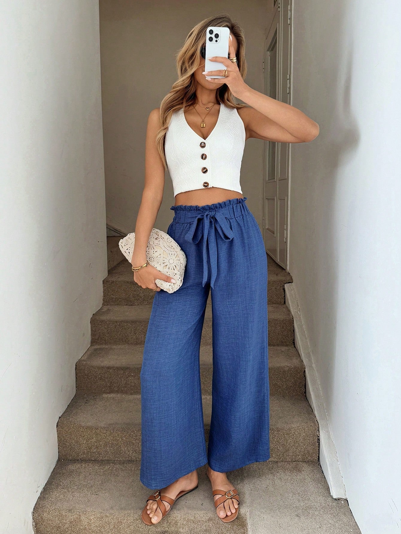 Bow-tie Waistband Casual Resort Flowy Pants