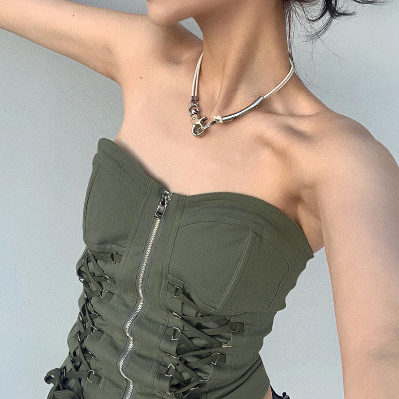 Hot Girl Style Bandage Zipper Tube Top Green Slim Fit Thin One-shoulder