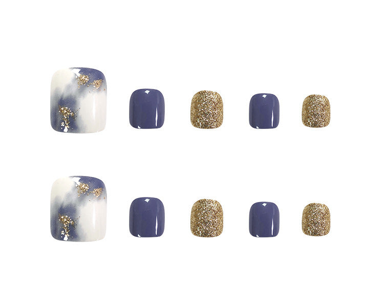 White Blue And White Blooming Gold Foil Manicure