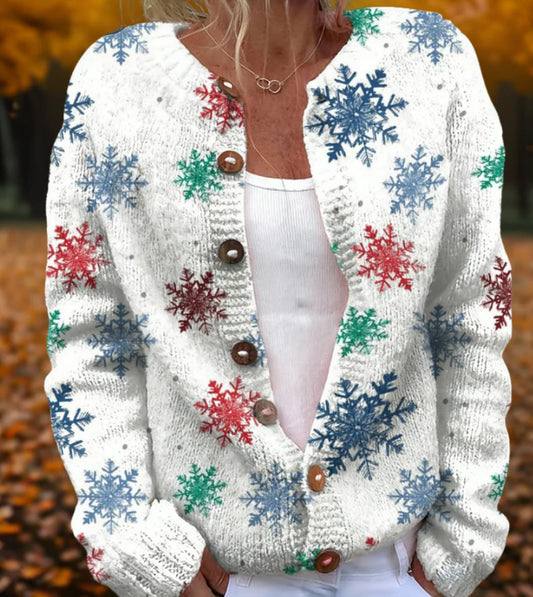 Rundhalset julesweater cardigan med knapper og lange ærmer