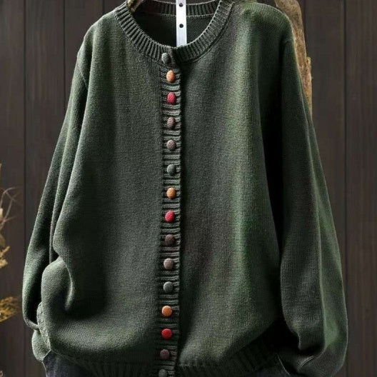 Women's Cotton Knitted Cardigan With Color Buckle Fashion Loose
