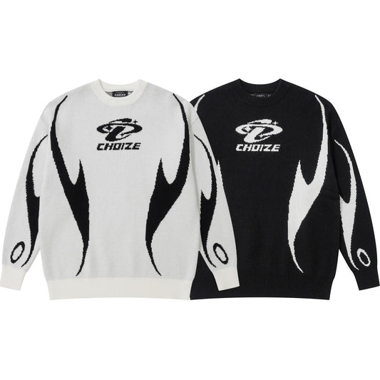 Autumn And Winter New Real Shot Maychao Jacquard Color Block Crew Neck Pullover Sweater
