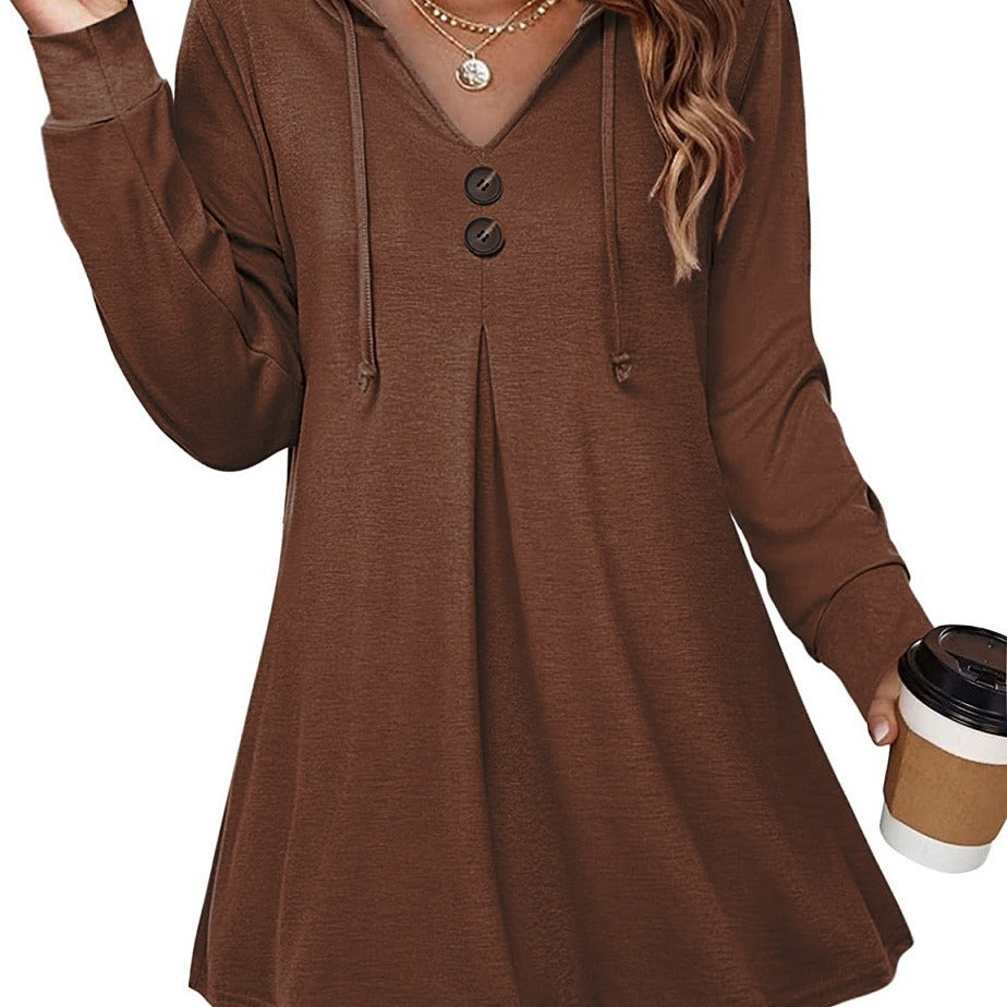 Casual Button V-neck Long Sleeve Hooded Top Sweaters Women's Clothing
