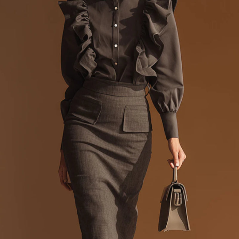 Urban Chic Grey Ruffled Blouse And Skirt Set