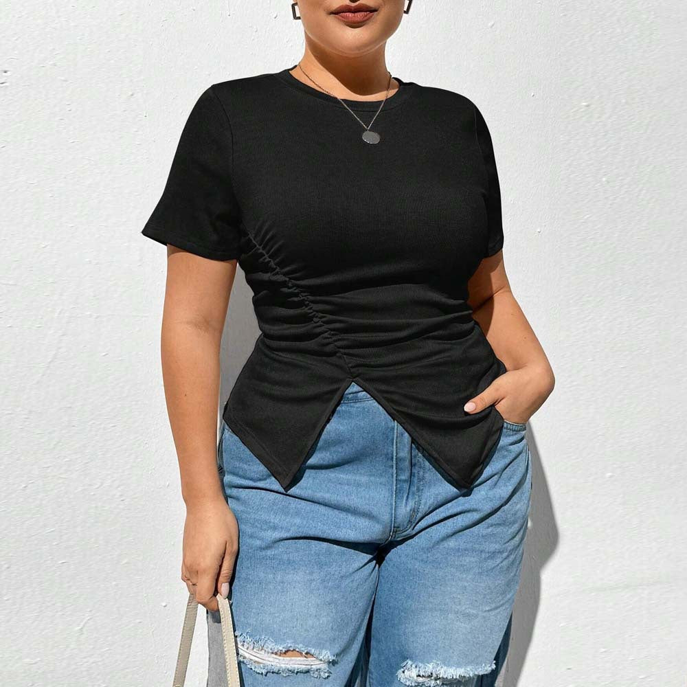 Simple Style New Round Neck Solid Color Short Sleeve Slit T-shirt
